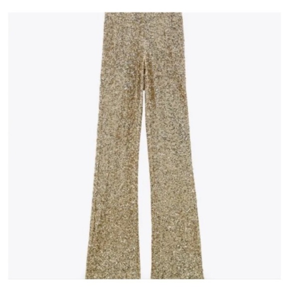 ZARA NWT LIMITED EDITION FLARED SEQUINNED LEGGINGS PANT GOLDEN 3028/020 MEDIUM - Picture 3 of 7